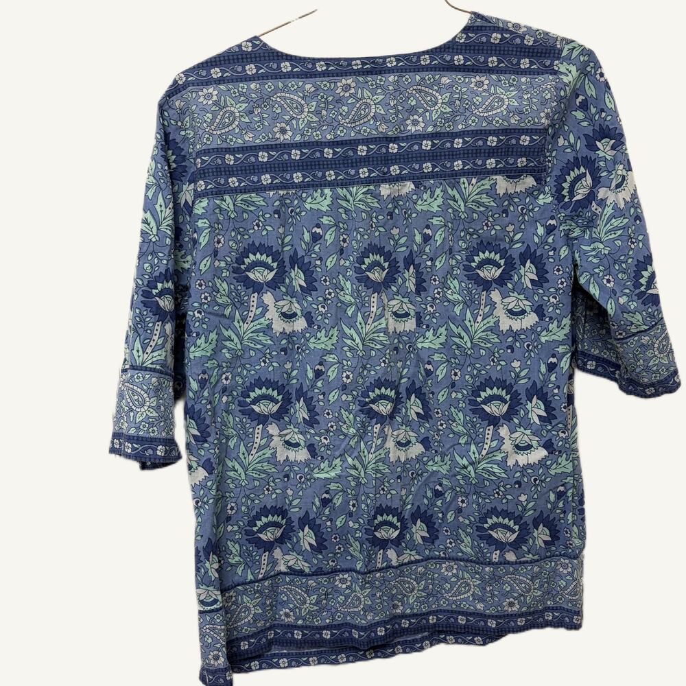 Vintage Vermont Country Store Blue Paisley Floral V-Neck Blouse - Size L